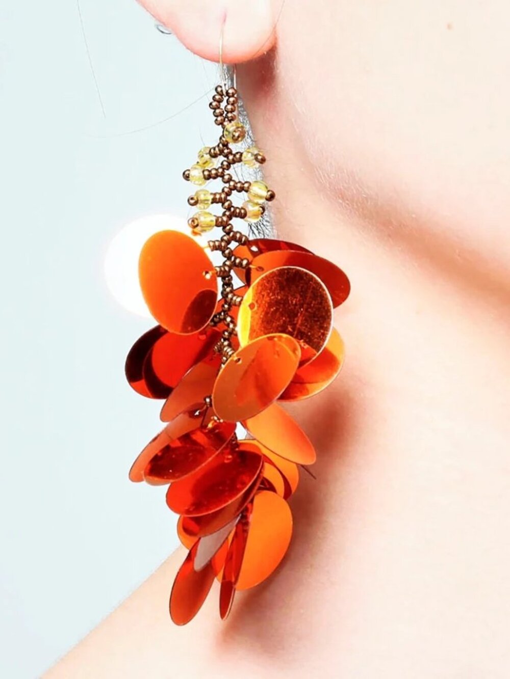 Lightweight Sequin Earrings. Huge Oversized Orange Statement Jewelry
